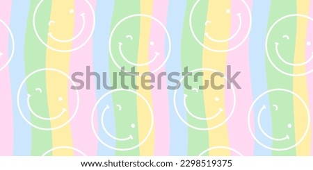 Colorful y2k smiling face cartoon doodle seamless pattern. Funny retro smile faces background illustration. Vintage character wallpaper, fun pastel color texture print.