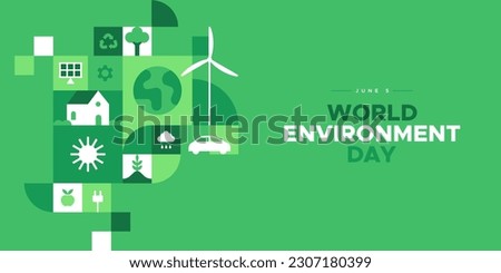 World Environment Day web template illustration with modern eco geometric nature mosaic. Green abstract geometry shape symbol background for online earth holiday or internet landing page.