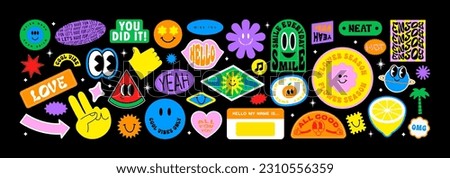 Colorful happy smiling face label shape set. Collection of trendy retro sticker cartoon shapes. Funny comic character art and quote sign patch bundle.