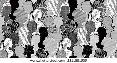 Gray scale diverse people crowd abstract art seamless pattern. Multi-ethnic person gray color community team, retro cultural diversity group background illustration in black and white. 