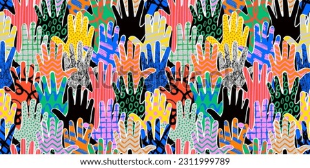 Colorful diverse people hand abstract art seamless pattern. Multi-ethnic community raised hands, cultural diversity group crowd background illustration in modern collage painting style with arms up.