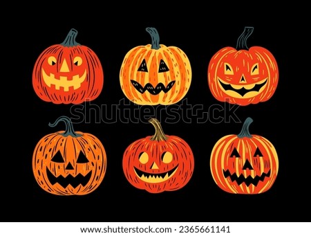 Set of halloween jack o lantern cartoon illustration doodle. Scary october holiday decoration collection in hand drawn style. Spooky autumn party graphic bundle, creepy carved smiling pumpkin.