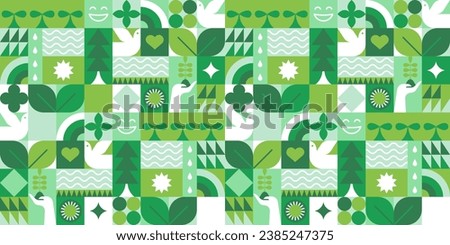 Green eco friendly symbol mosaic seamless pattern illustration with nature abstract shapes. Fresh organic concept background print. Minimalist environment shape texture, geometry collage.