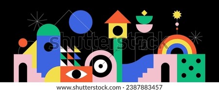 Abstract colorful geometric city landscape concept illustration. Creative modern geometry shapes with fun icon and bauhaus style decoration element. Contemporary art mosaic.