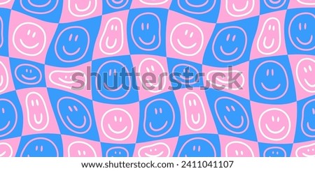 Funny smiling happy face colorful checkered seamless pattern. Retro psychedelic checker board tile smile icon background texture. Trendy cartoon doodle wallpaper.