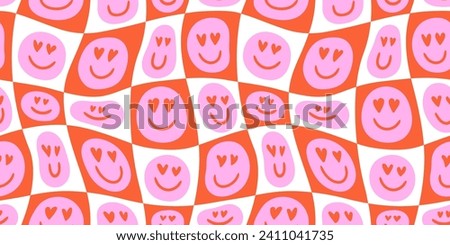 Funny melting happy face in love colorful cartoon seamless pattern. Retro psychedelic pink smile icon background texture for valentine's day or romantic concept. Trendy checkered doodle wallpaper.