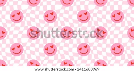 Funny happy face in love colorful cartoon seamless pattern. Retro psychedelic pink smile icon background texture for valentine's day or romantic concept. Trendy checkered doodle wallpaper.