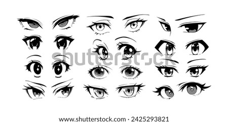 Japanese anime eye close up set on isolated background. Black and white manga cartoon character, animation art style bundle. Trendy Y2K eyes, facial expression graphic, diverse comic book people.