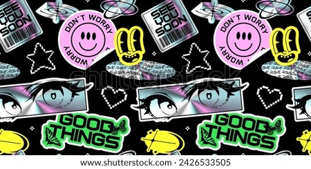 Trendy holographic Y2K sticker seamless pattern. Retro 2000s text quote label background. Iridescent metallic wallpaper with love heart, anime  cartoon and party message. Gen z cyber style print.