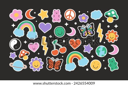 Set of retro symbol doodle illustration in trendy 90s art style. Colorful icon collection with cute vintage decoration. Includes rainbow, butterfly, flower and love heart hand drawn cartoon.