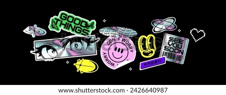 Trendy holographic Y2K sticker illustration set. Retro 2000s text quote label collection. Iridescent metallic texture tag with love heart, anime  cartoon and party message. Gen z cyber style bundle.