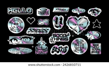 Trendy holographic Y2K sticker illustration set. Retro 2000s text quote label collection. Iridescent metallic texture tag with love heart, anime cartoon and party message. Gen z cyber style bundle.	