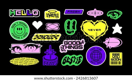 Trendy Y2K sticker illustration set. Retro 2000s text quote label collection. Funny futuristic tag with love heart, anime  cartoon and party message. Gen z cyber style bundle.