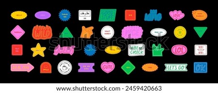 Set of fun colorful sticker illustration. Retro 90s style hand drawn doodle quote label collection, funny chat text icon with modern slang and positive words. Isolated flat cartoon clip art bundle.