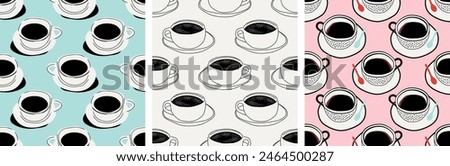 Hand drawn coffee mug seamless pattern set. Breakfast caffeine drink cup background illustration. Energy beverage, espresso hot drink wallpaper texture collection.	