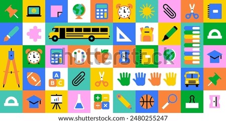 Colorful back to school geometric mosaic seamless pattern. Modern flat education cartoon icon background, fun study concept wallpaper print. Children stationery texture, college subject symbol design.