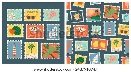 Set of vintage summer post card stamp seamless pattern. Retro style beach vacation postage sticker background illustration. Summertime season mail postmark texture print, postal label wallpaper.