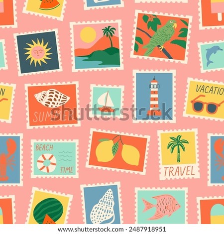 Vintage summer post card stamp seamless pattern. Retro style beach vacation postage sticker background illustration. Summertime season mail postmark texture print, postal label wallpaper.