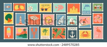 Set of vintage summer travel post card stamp illustration. Retro style beach vacation postage sticker collection, summertime season mail postmark, tourism postal label.