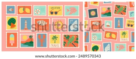 Set of vintage summer post card stamp seamless pattern. Retro style beach vacation postage sticker background illustration. Summertime season mail postmark texture print, postal label wallpaper.