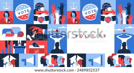 Politics concept web template illustration. Modern geometric mosaic style background for political election season, social issues design. President choice, government campaign banner.