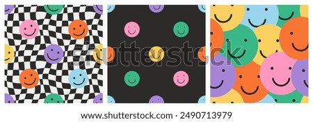 Funny smiling happy face colorful checkered seamless pattern set. Retro psychedelic checker board tile smile icon background texture collection. Trendy cartoon doodle wallpaper.