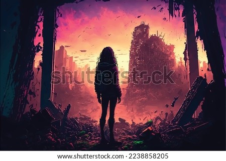 A girl stands looking at a destroyed city 