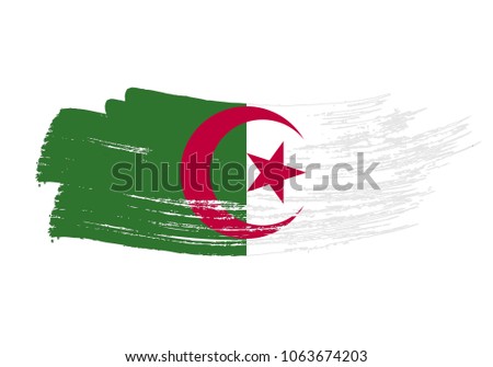 Grunge brush stroke with Algeria national flag. Watercolor painting flag of Algeria. Symbol, poster, banne of the national flag. Style watercolor drawing. Vector Isolated on white background.