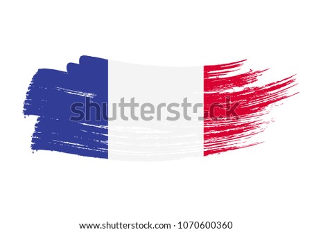 Grunge brush stroke with France national flag. Watercolor painting flag of France. Symbol, poster, banne of the national flag. Style watercolor drawing. Vector Isolated on white background.