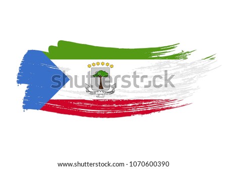 Grunge brush stroke with Equatorial Guinea national flag. Watercolor painting flag of Equatorial Guinea. Symbol, poster, banne of the national flag. Style watercolor drawing. Vector Isolated on white