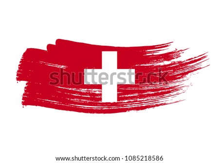 Grunge brush stroke with Switzerland national flag. Watercolor painting flag of Switzerland. Symbol, poster, banne of the national flag. Style watercolor drawing. Vector Isolated on white background.