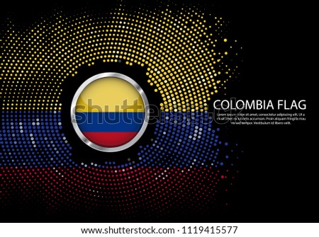 Background Halftone gradient template or LED neon Light on round Dots style of colombia flag.  Modern soccer cup for futuristic background with circle metallic round of colombia flag. Vector.