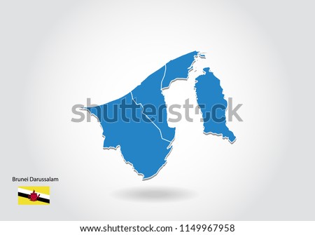 brunei Darussalam map design with 3D style. Blue brunei map and National flag. Simple vector map with contour, shape, outline, on white.