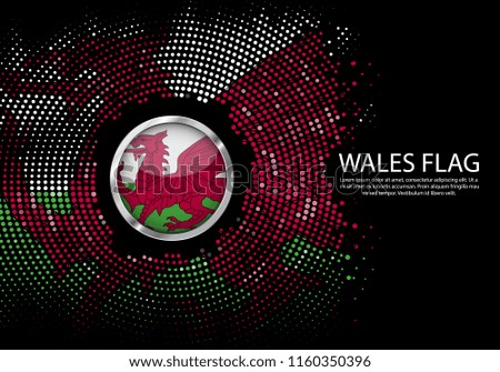 Background Halftone gradient template or LED neon Light on round Dots style of Wales flag.  Modern soccer for futuristic background with circle metallic round of Wales flag. Vector.