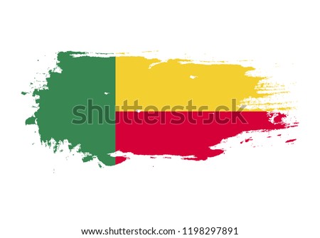 Grunge brush stroke with Benin national flag. Watercolor painting flag. Symbol, poster, banner of the national flag. Vector Isolated on white background.