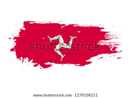 Grunge brush stroke with Isle of Man national flag. Watercolor painting flag. Symbol, poster, banner. Vector Isolated on white background.