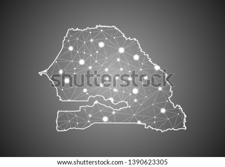 Vector wireframe mesh polygonal of senegal map. Abstract global connection structure. Map connected with lines and dots. Geometric world concept. digital data visualization, infographics.