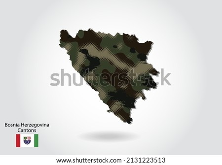 bosnia Herzegovina Cantons map with camouflage pattern, Forest  green texture in map. Military concept for army, soldier and war. coat of arms, flag.