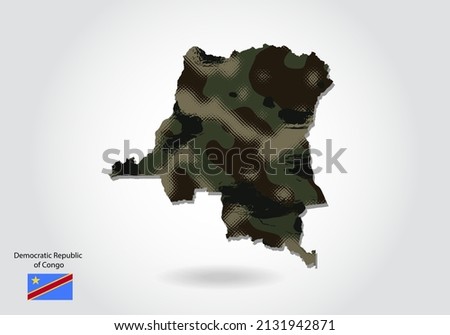 Democratic Republic of Congo map with camouflage pattern, Forest - green texture in map. Military concept for army, soldier and war. coat of arms, flag.