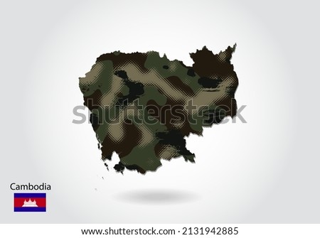 cambodia map with camouflage pattern, Forest - green texture in map. Military concept for army, soldier and war. coat of arms, flag.