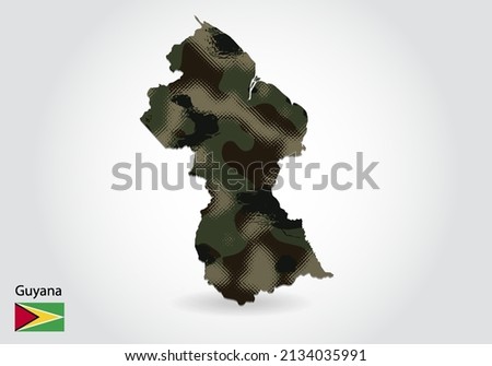 guyana map with camouflage pattern, Forest - green texture in map. Military concept for army, soldier and war. coat of arms, flag.