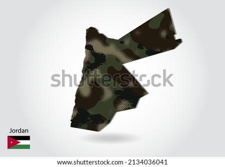 Jordan map with camouflage pattern, Forest - green texture in map. Military concept for army, soldier and war. coat of arms, flag.