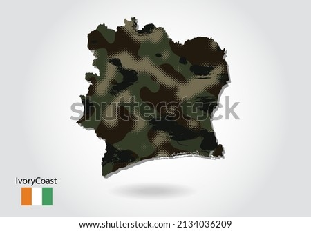 ivory Coast map with camouflage pattern, Forest - green texture in map. Military concept for army, soldier and war. coat of arms, flag.