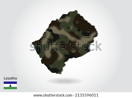 Lesotho map with camouflage pattern, Forest - green texture in map. Military concept for army, soldier and war. coat of arms, flag.