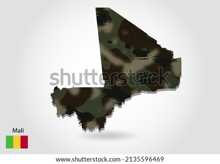 Mali map with camouflage pattern, Forest - green texture in map. Military concept for ar, soldier and war. coat of arms, flag.