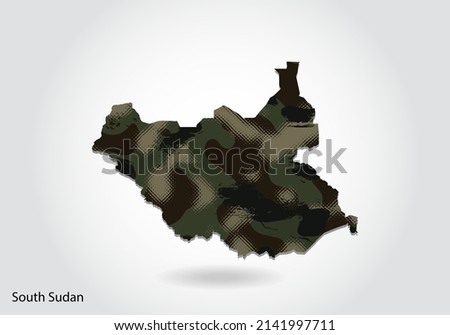 south Sudan map with camouflage pattern, Forest - green texture in map. Military concept for army, soldier and war. coat of arms, flag.