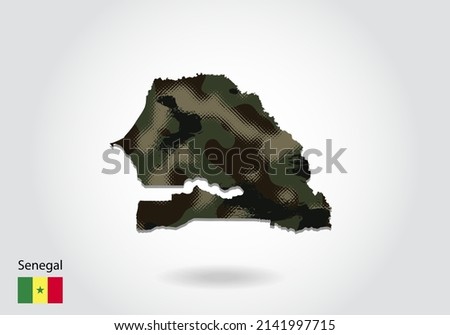 senegal map with camouflage pattern, Forest - green texture in map. Military concept for army, soldier and war. coat of arms, flag.