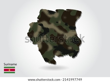 Suriname map with camouflage pattern, Forest - green texture in map. Military concept for army, soldier and war. coat of arms, flag.