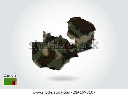 Zambia map with camouflage pattern, Forest - green texture in map. Military concept for army, soldier and war. coat of arms, flag.