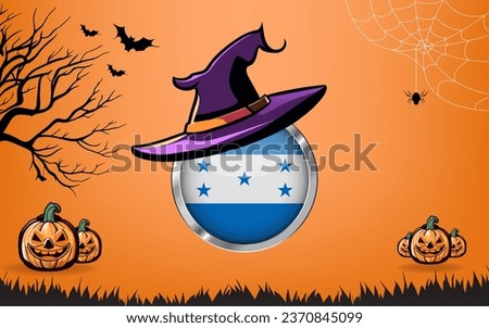 honduras round flag with Happy Halloween banner or party invitation background. bats, spiders and pumpkins, orange background